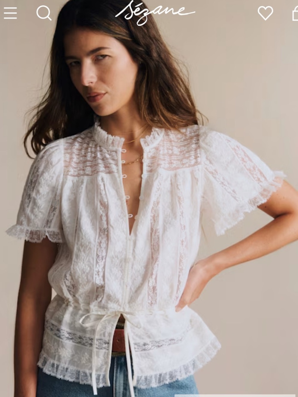 🌿Sezane Shenali White Lace Romantic Button-Front Blouse